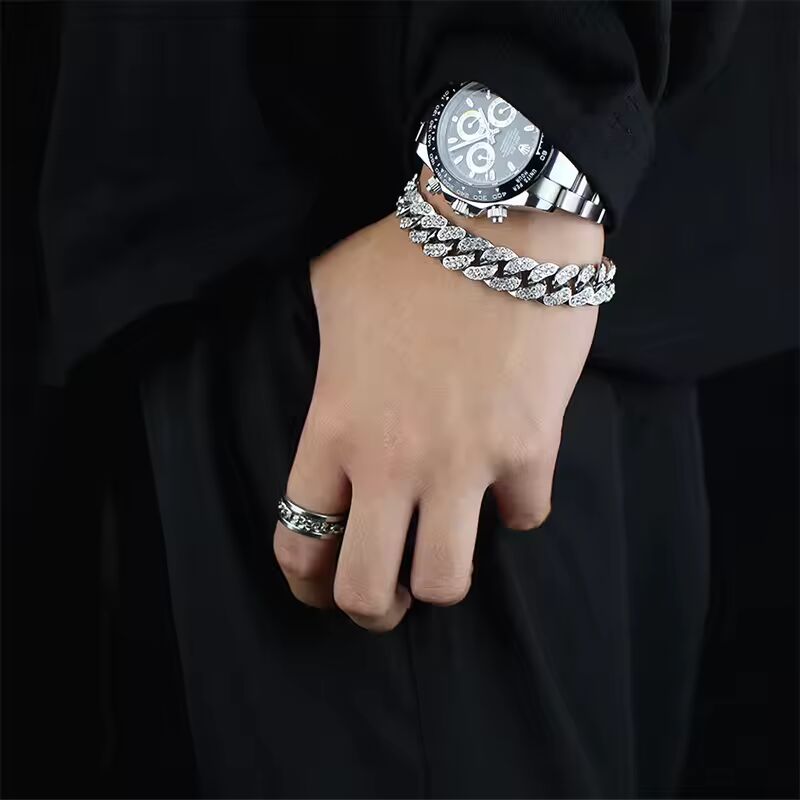 Luxury Fashion Punk Rhinestone Bracelet for Women Men Hiphop Cuban Link Bracelets Simple Design Golden Silver Color Jewelry Gift